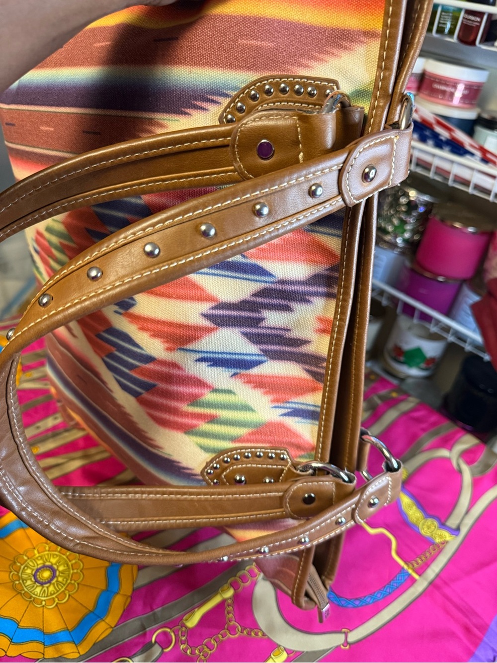 Montana West Southwestern Canvas Tote Bag | Aztec Print | Studded Shoulder Purse - Picture 2 of 15